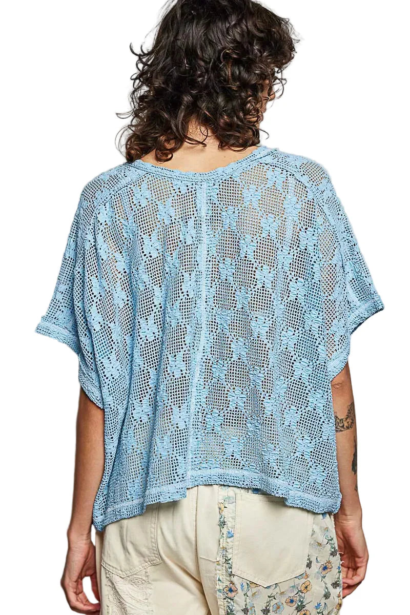 Blue Crochet Lace Short Sleeve Top