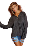 Dark Gray Textured Knit Hoodie with Buttoned Placket