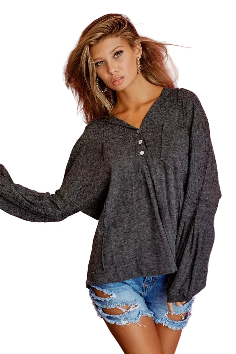 Dark Gray Textured Knit Hoodie with Buttoned Placket