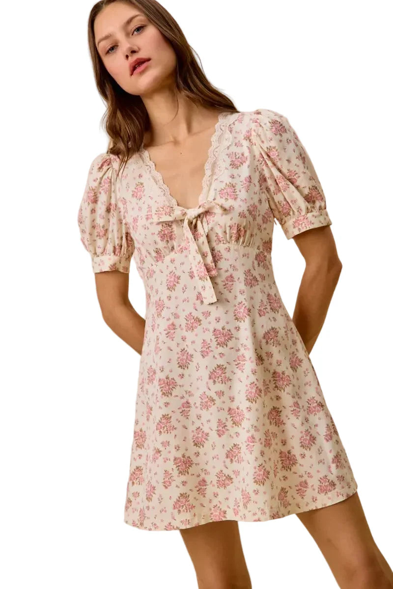 Cream Color Floral Lace Trim Short Sleeves Mini Dress