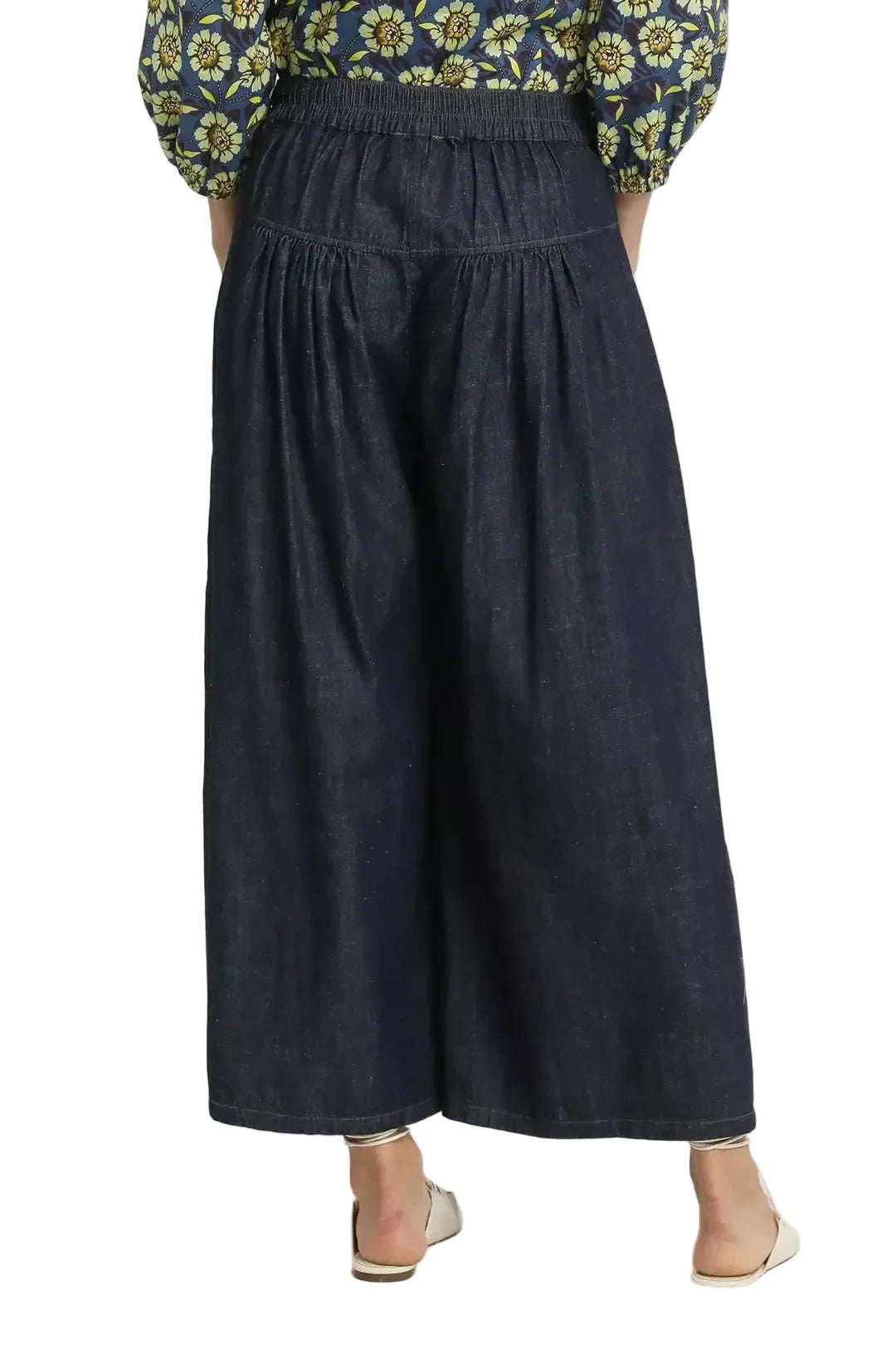 Dark Blue Stone Washed Wide-Leg Button-Front Culottes