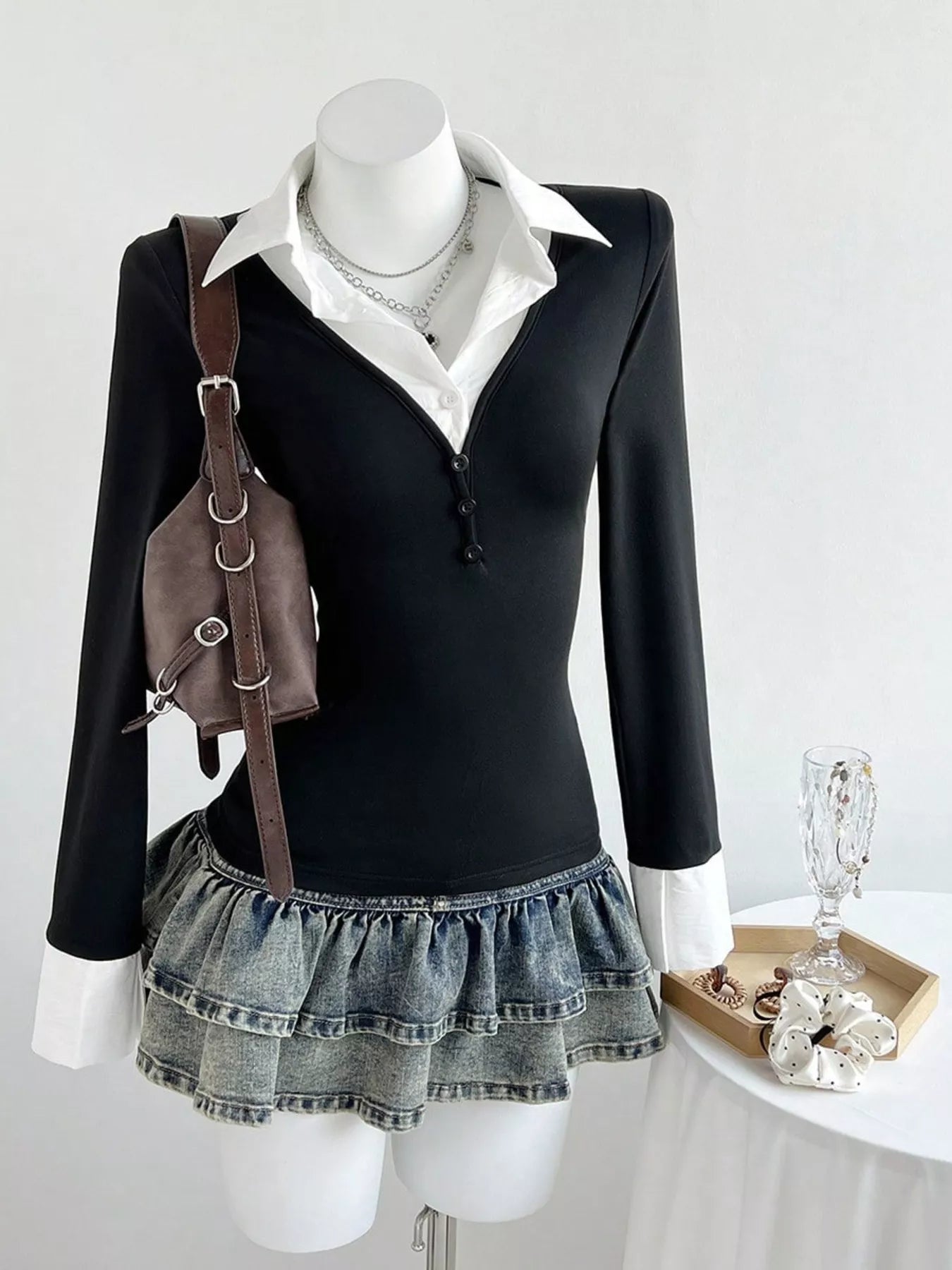 Long Sleeve Polo Collar Black Slim Fit Shirt
