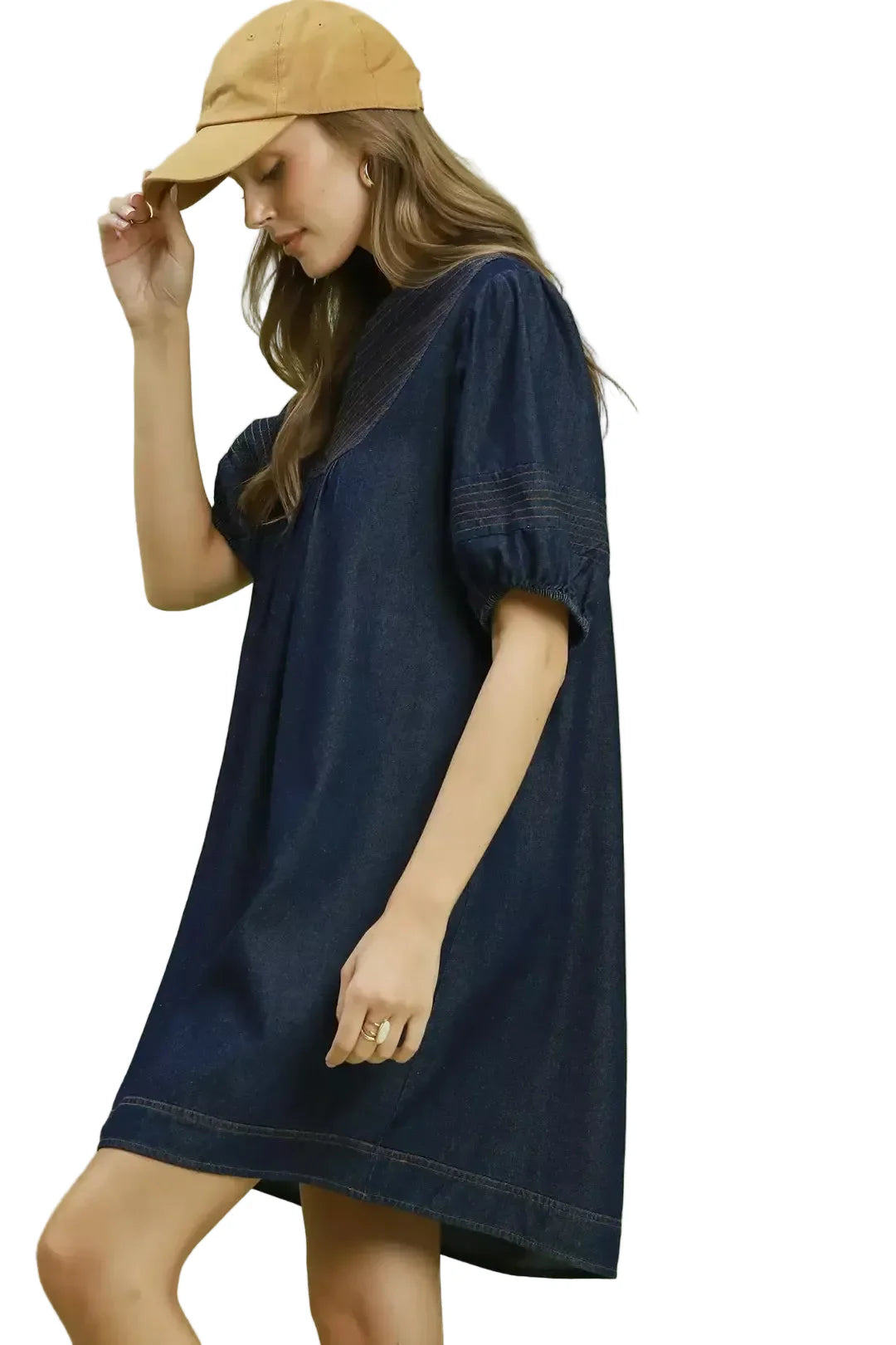 Puff Sleeve Blue Mini Dress with Pockets