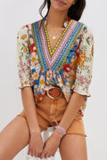 Multicolour V Neck Half Sleeve Boho Floral Blouse