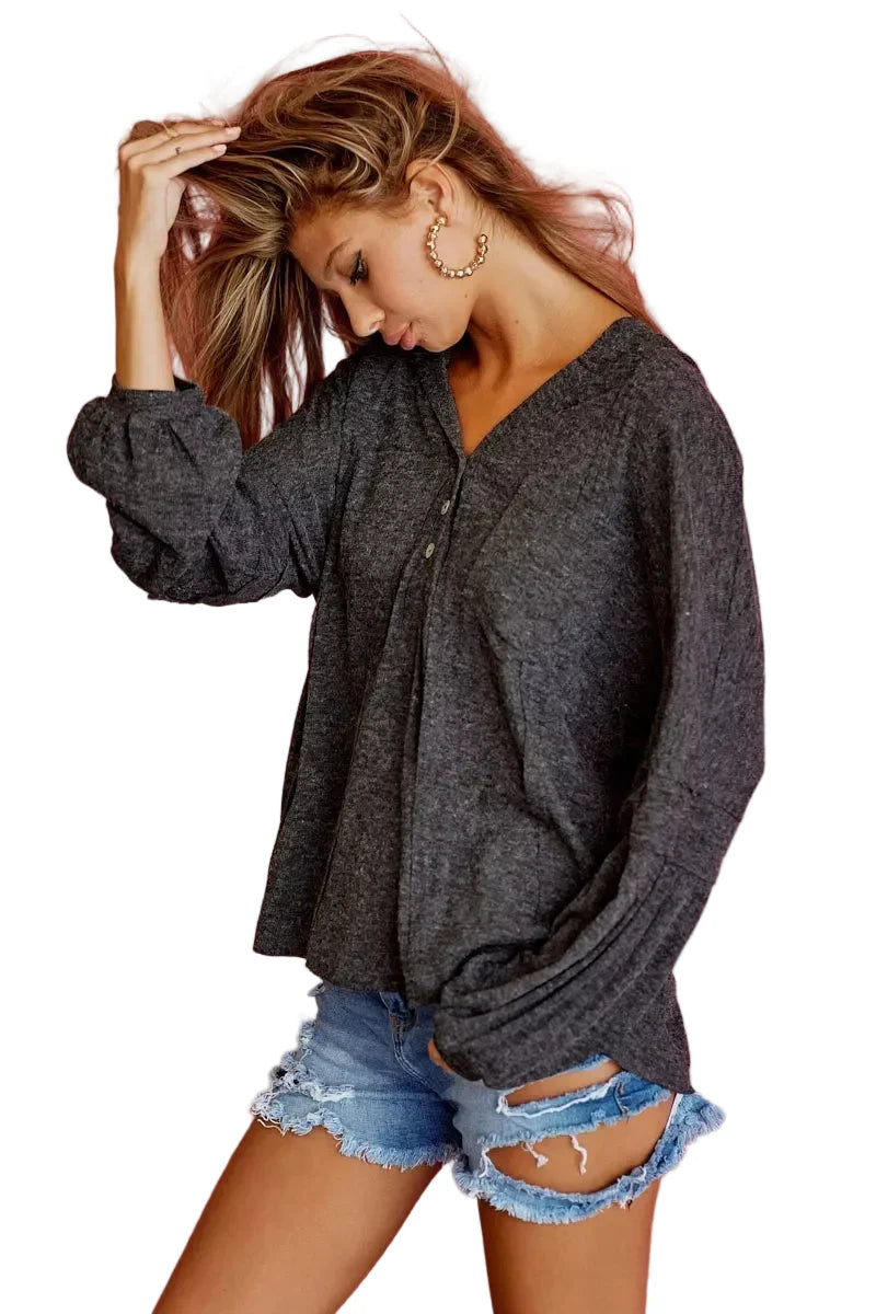 Dark Gray Textured Knit Hoodie with Buttoned Placket