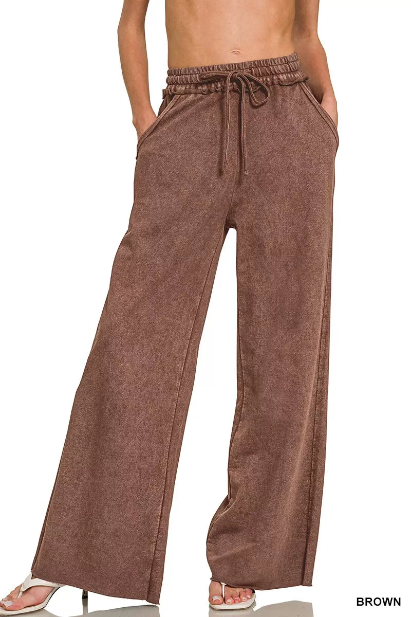 Zenana Washed Brown French Terry Sweatpants