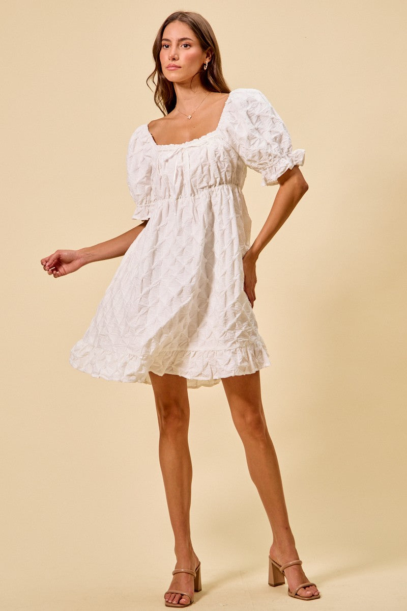 Off White Texture Woven Ruching On Bust Mini Dress