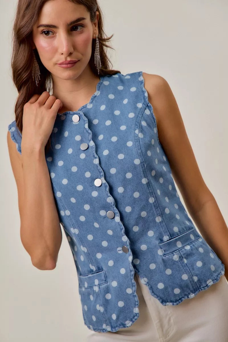 Polka Dot Blue Denim Scallop Edge Button Down Vest Top