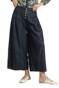 Dark Blue Stone Washed Wide-Leg Button-Front Culottes