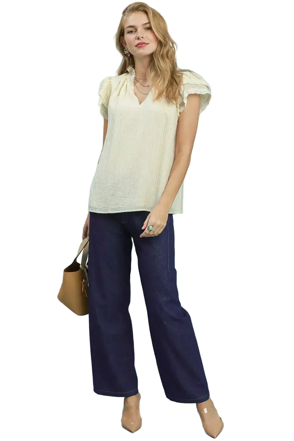 Lace Trim Cream Color Ruffle Top