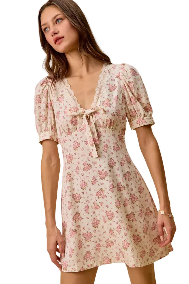 Cream Color Floral Lace Trim Short Sleeves Mini Dress