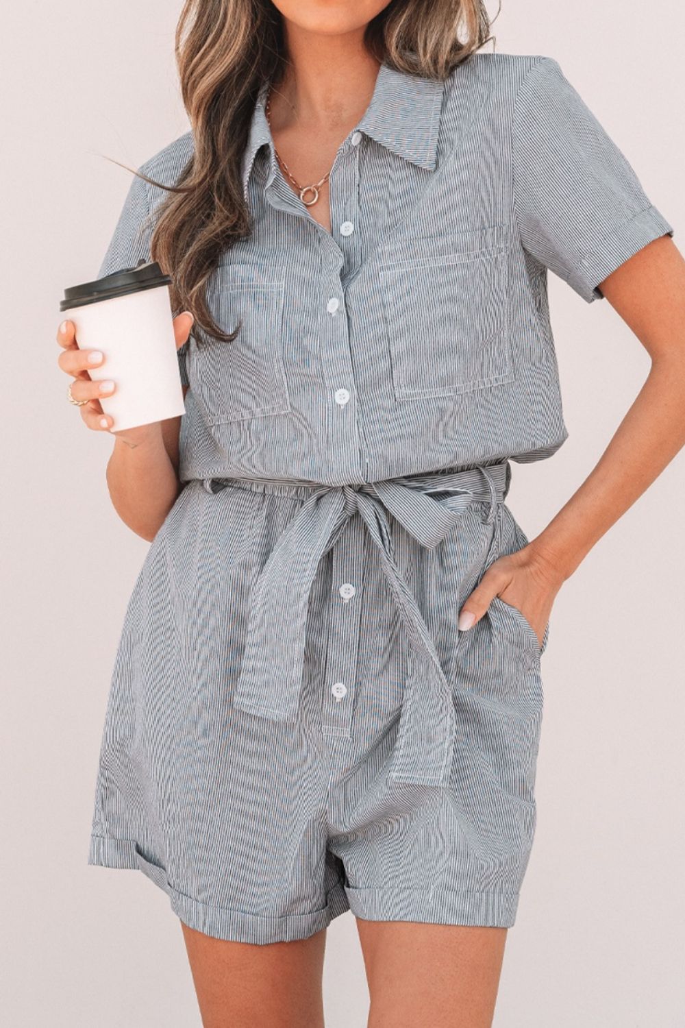 Stripe Chest Pockets Tie Waist Romper