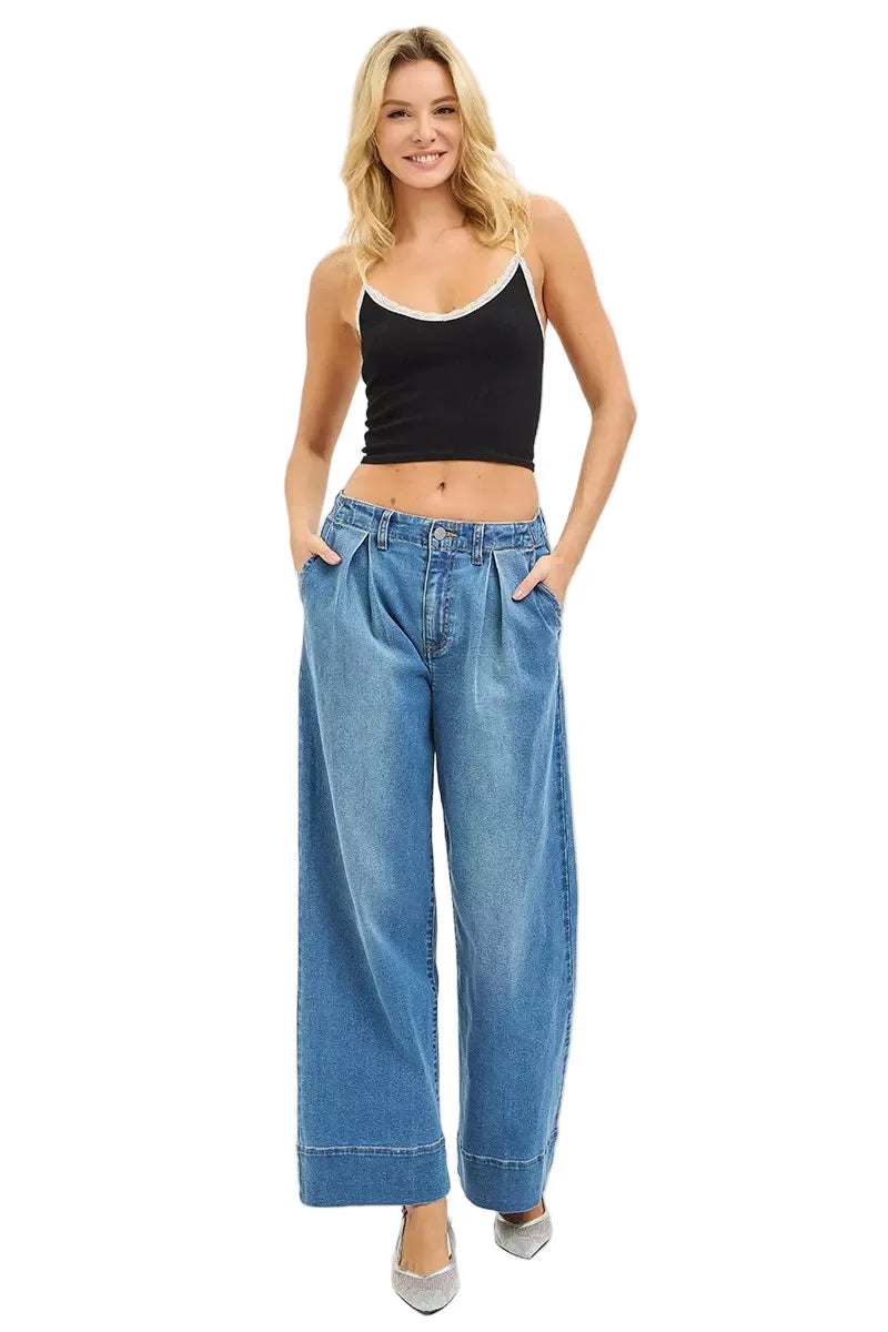 RISEN Slouchy Wide Leg Jeans With Pleats
