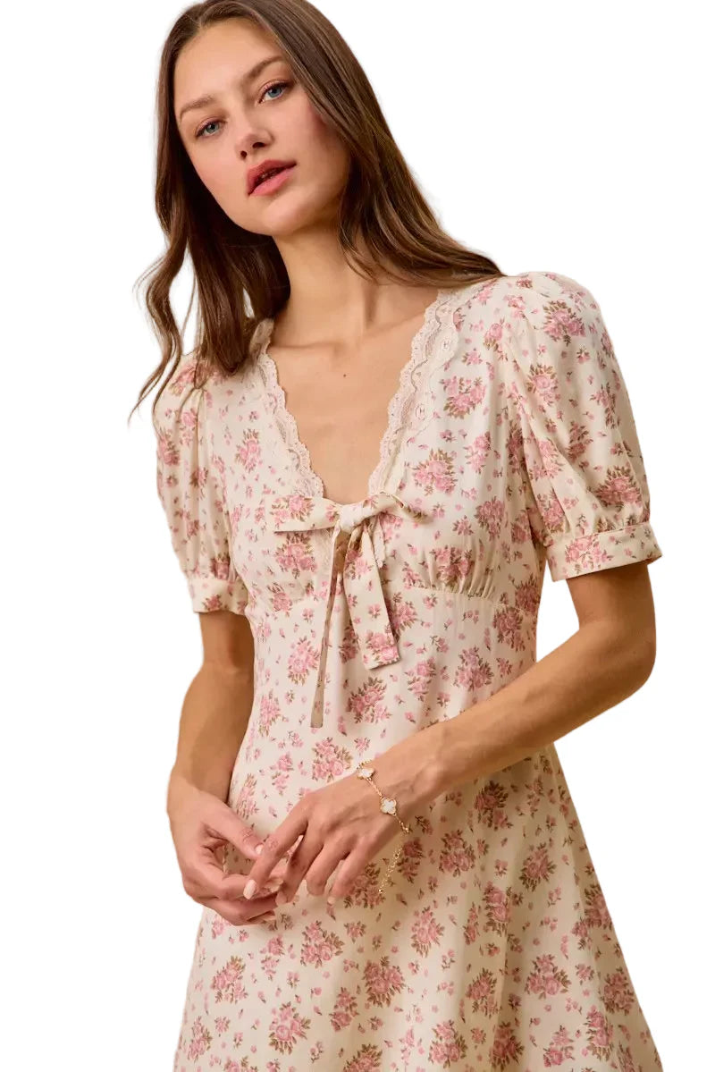 Cream Color Floral Lace Trim Short Sleeves Mini Dress