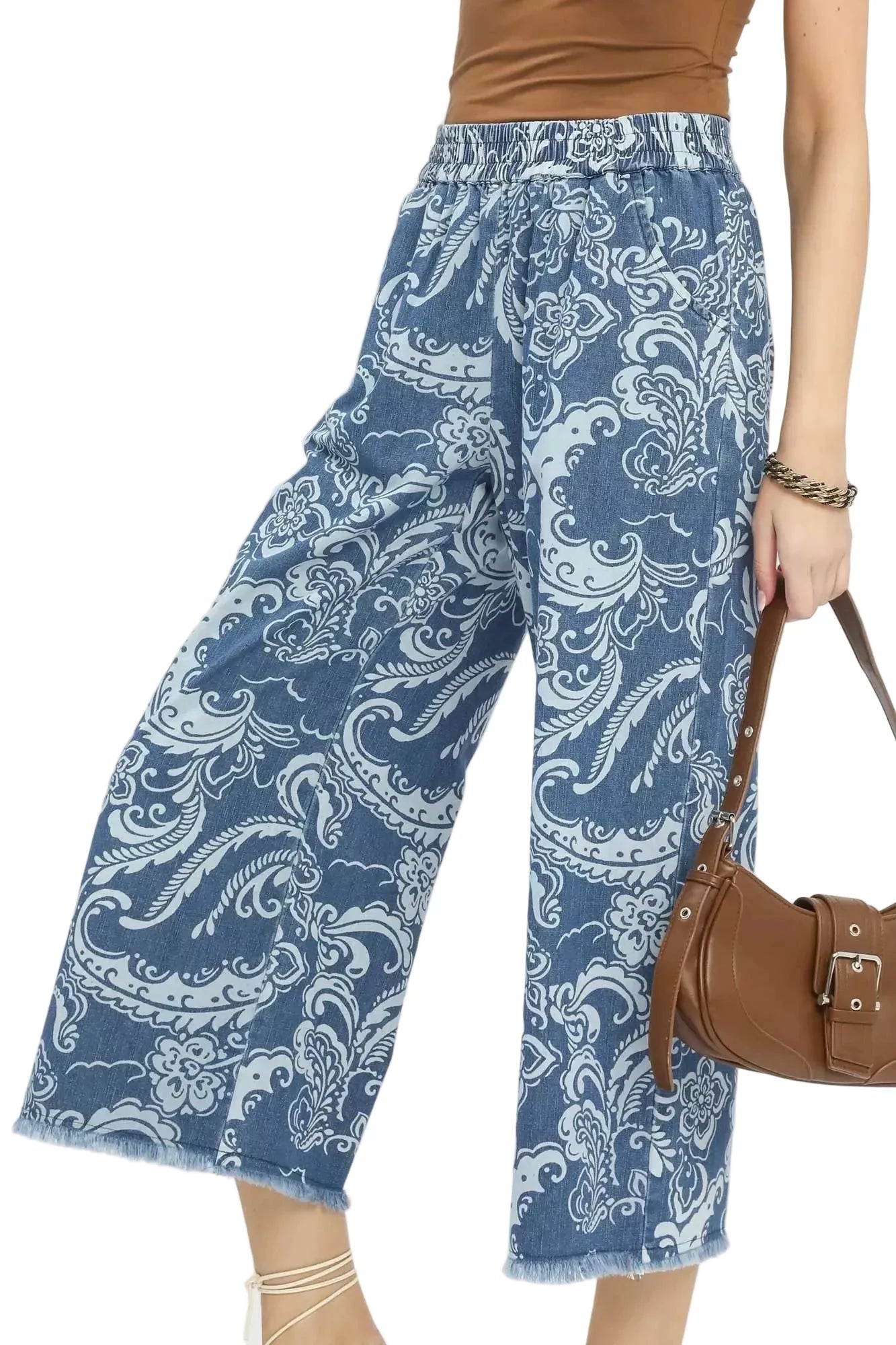 Blue Stone Wash Wide Leg Crop Pants