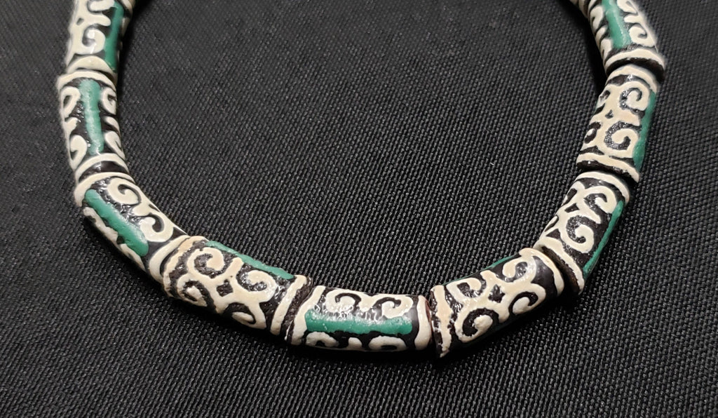 African Beads: 15 Small Adinkra Glass Beads. "Ram Horn"  Meaning Humility and Strength. Ghana Krobo Beads. Green and Cream Beads