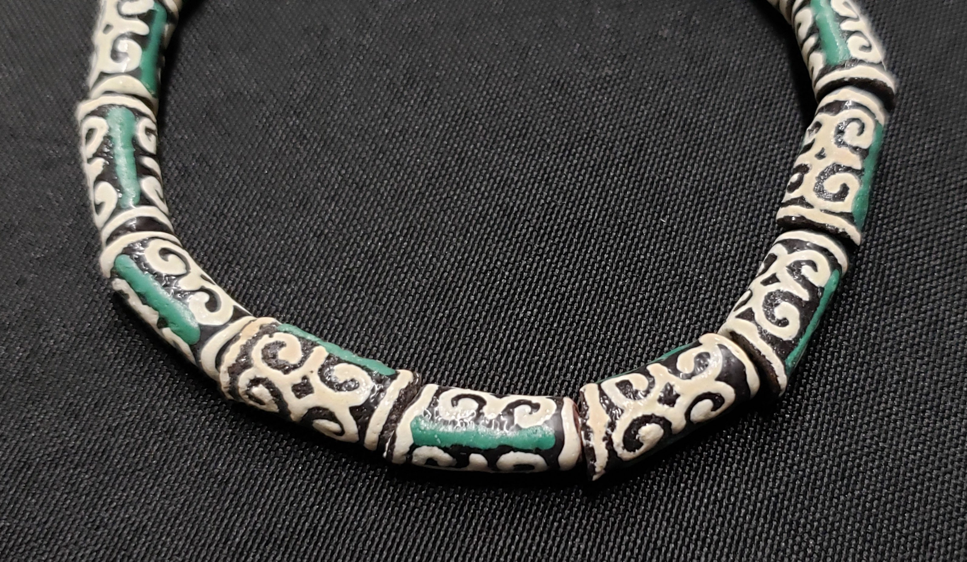 African Beads: 15 Small Adinkra Glass Beads. "Ram Horn"  Meaning Humility and Strength. Ghana Krobo Beads. Green and Cream Beads