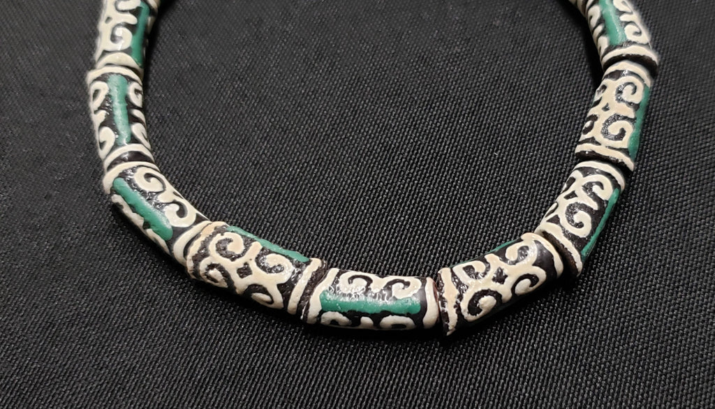 African Beads: 15 Small Adinkra Glass Beads. "Ram Horn"  Meaning Humility and Strength. Ghana Krobo Beads. Green and Cream Beads