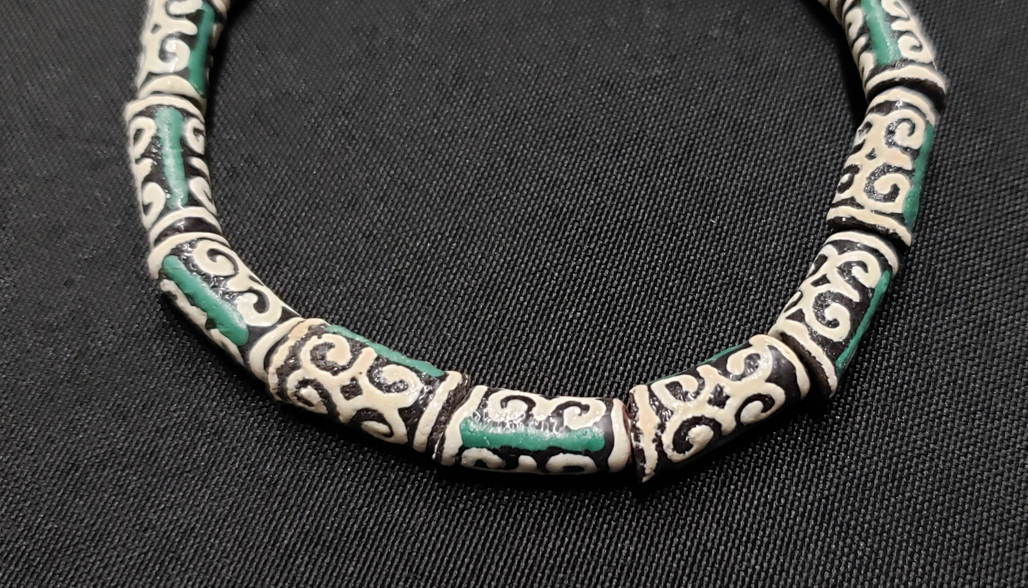 African Beads: 15 Small Adinkra Glass Beads. "Ram Horn"  Meaning Humility and Strength. Ghana Krobo Beads. Green and Cream Beads