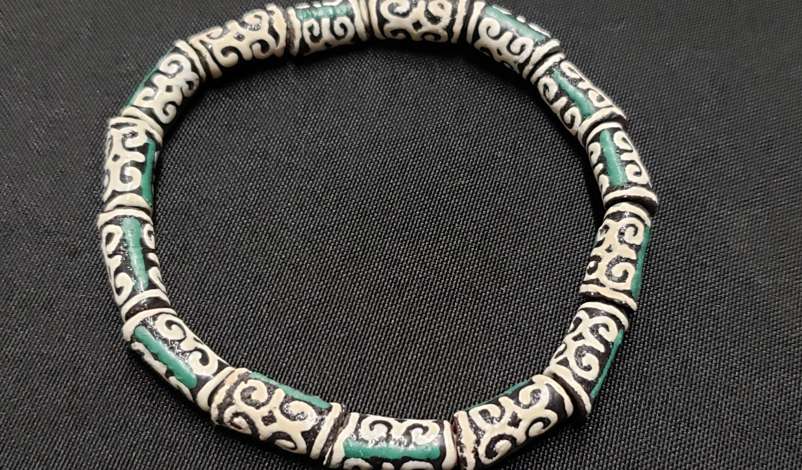 African Beads: 15 Small Adinkra Glass Beads. "Ram Horn"  Meaning Humility and Strength. Ghana Krobo Beads. Green and Cream Beads