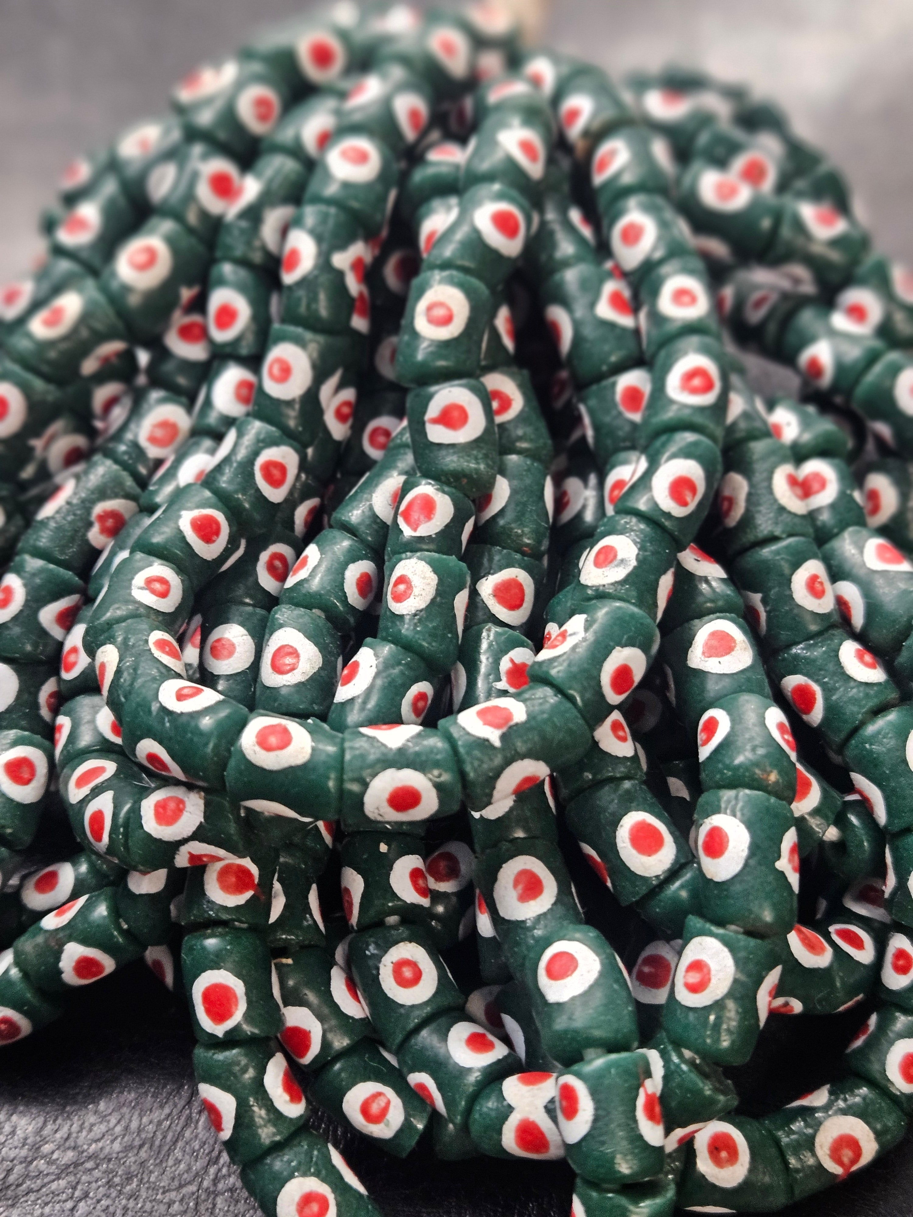 Painted African Recycled Glass Beads - Small Tube Beads #1117
