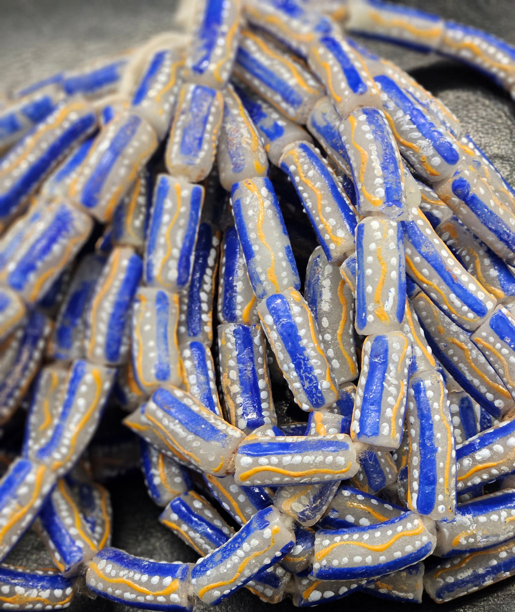 Painted African Recycled Glass Beads - Tube Beads #1501