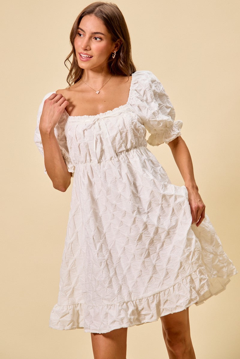 Off White Texture Woven Ruching On Bust Mini Dress