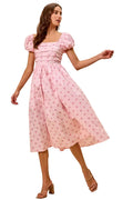 Polka Cotton Print Short Sleeves Pink Midi Dress
