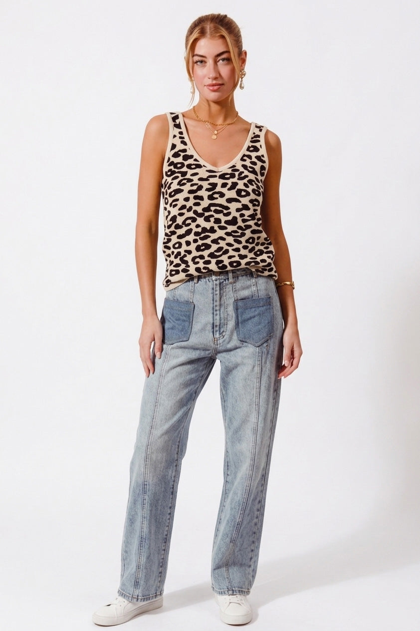 Leopard Knitted Lightweight V Neck Tank Top