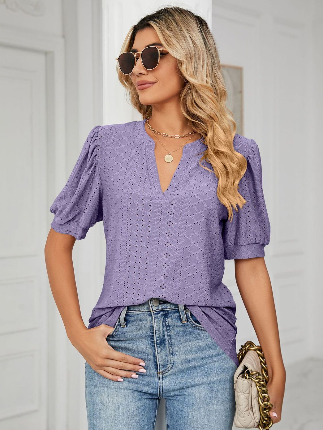 Florira Eyelet Notched Short Sleeve T-Shirt
