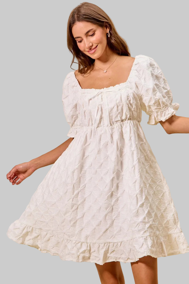 Off White Texture Woven Ruching On Bust Mini Dress