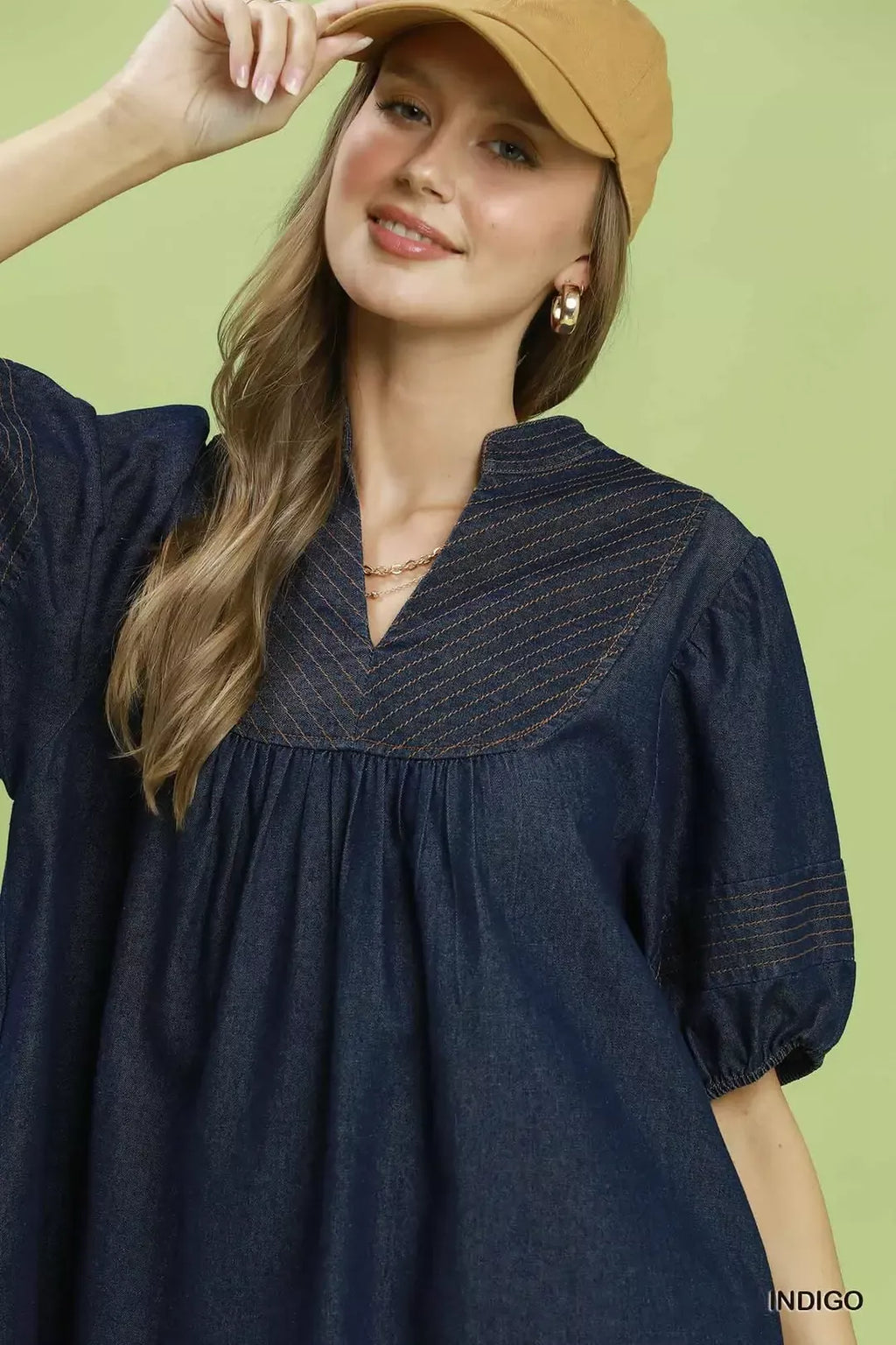 Puff Sleeve Blue Mini Dress with Pockets
