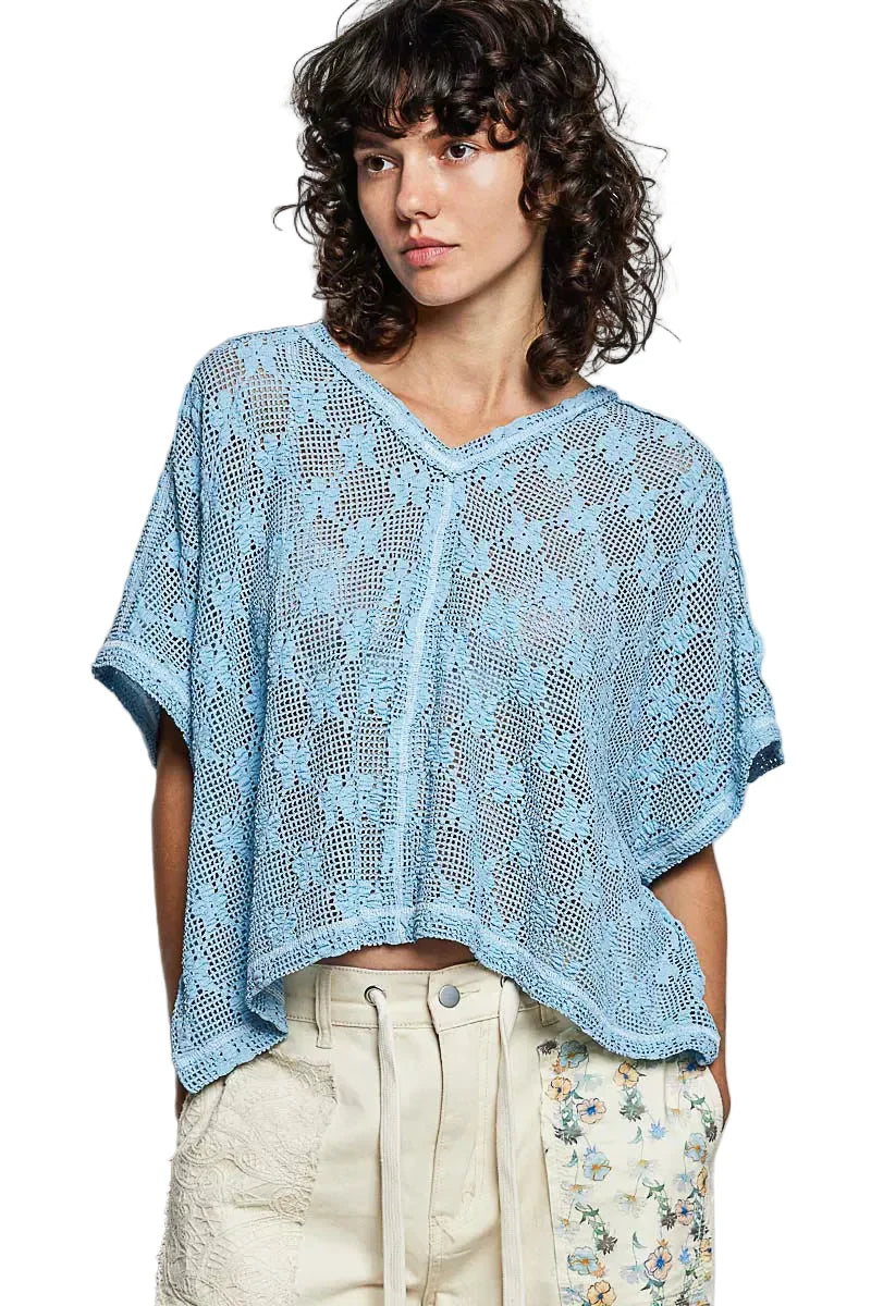 Blue Crochet Lace Short Sleeve Top