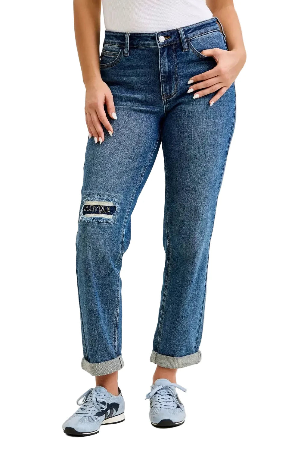 Judy Blue Mid Rise Boyfriend Embroidered Repair Patch Jeans
