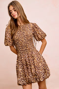 Leopard Print Dress With Attachable Puff Sleeves