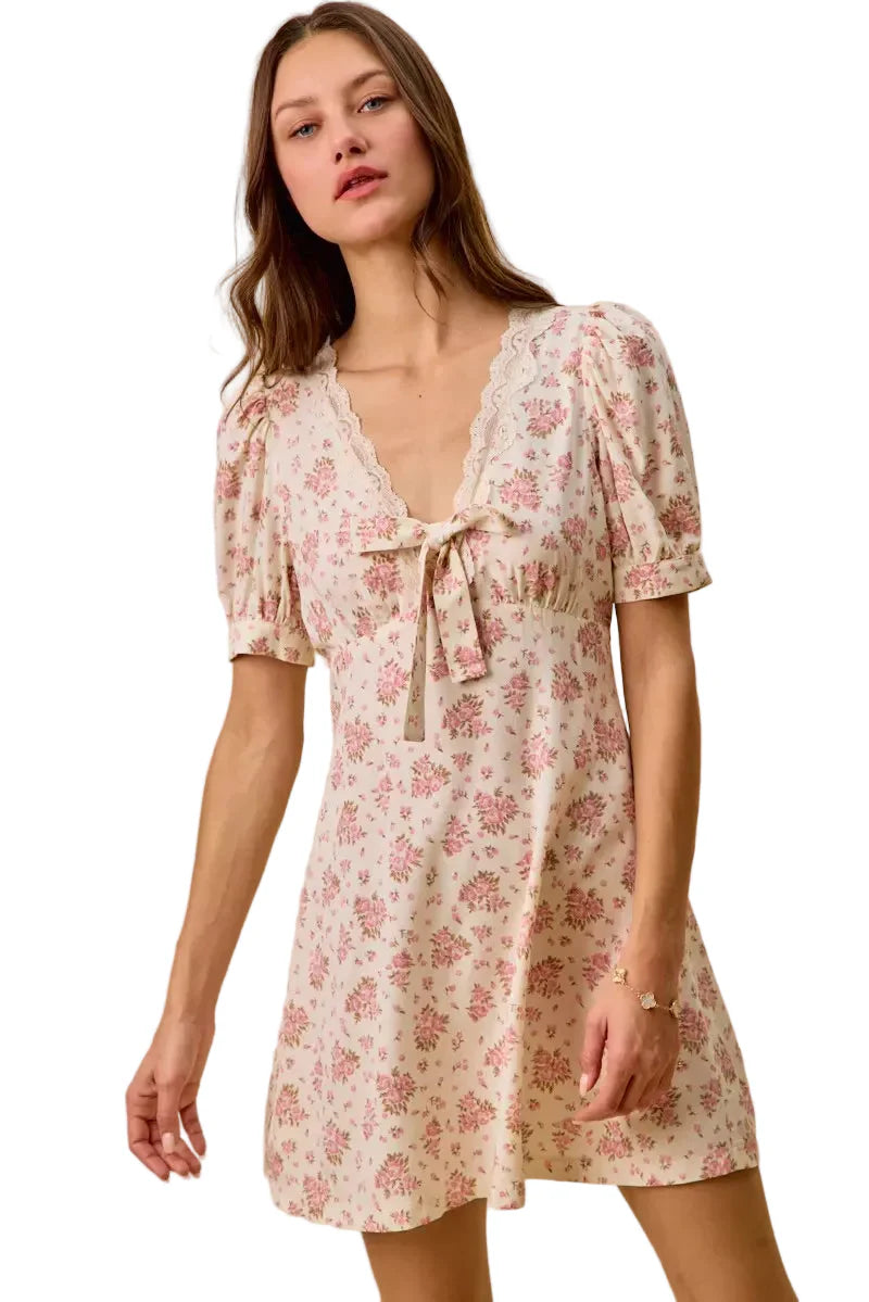 Cream Color Floral Lace Trim Short Sleeves Mini Dress