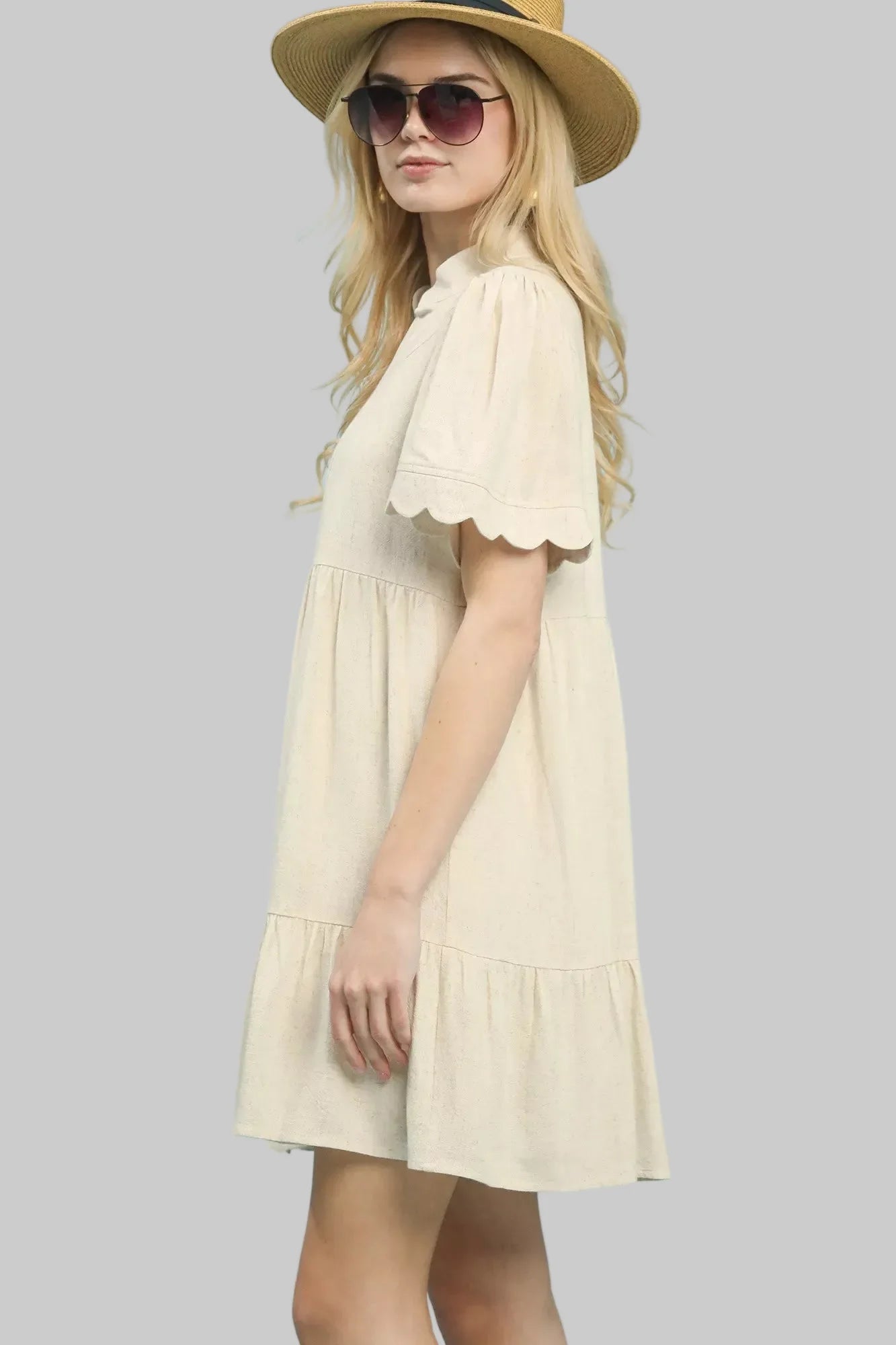 Beige Linen Tiered Babydoll Dress with Scalloped Sleeves