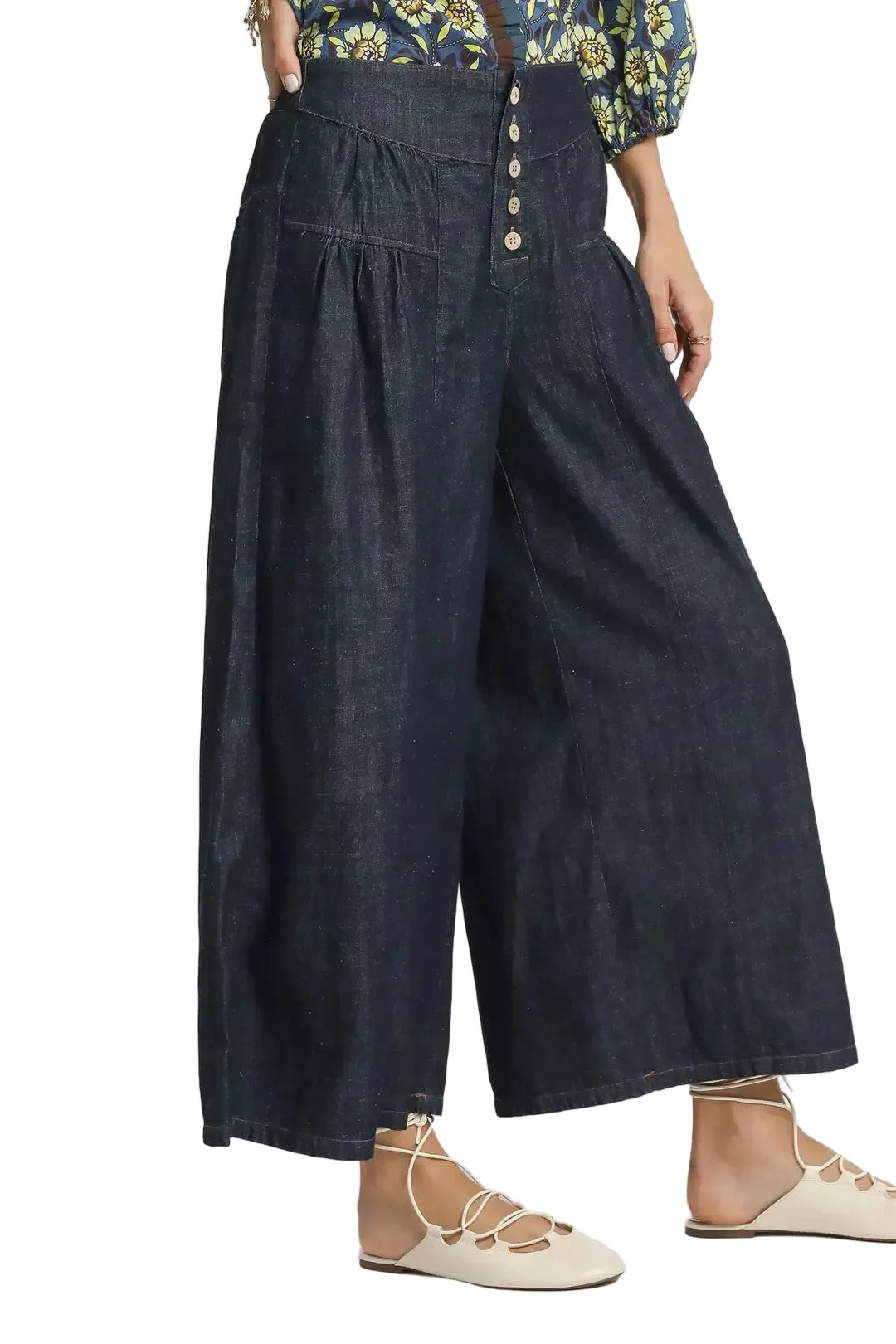 Dark Blue Stone Washed Wide-Leg Button-Front Culottes