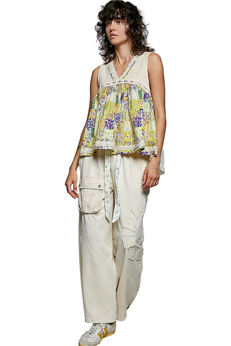 POL Floral V-Neck Sheer Tank with Lace Trim