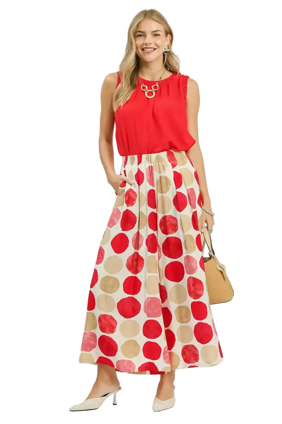 Women's Red Dot Print Wide Leg Pants