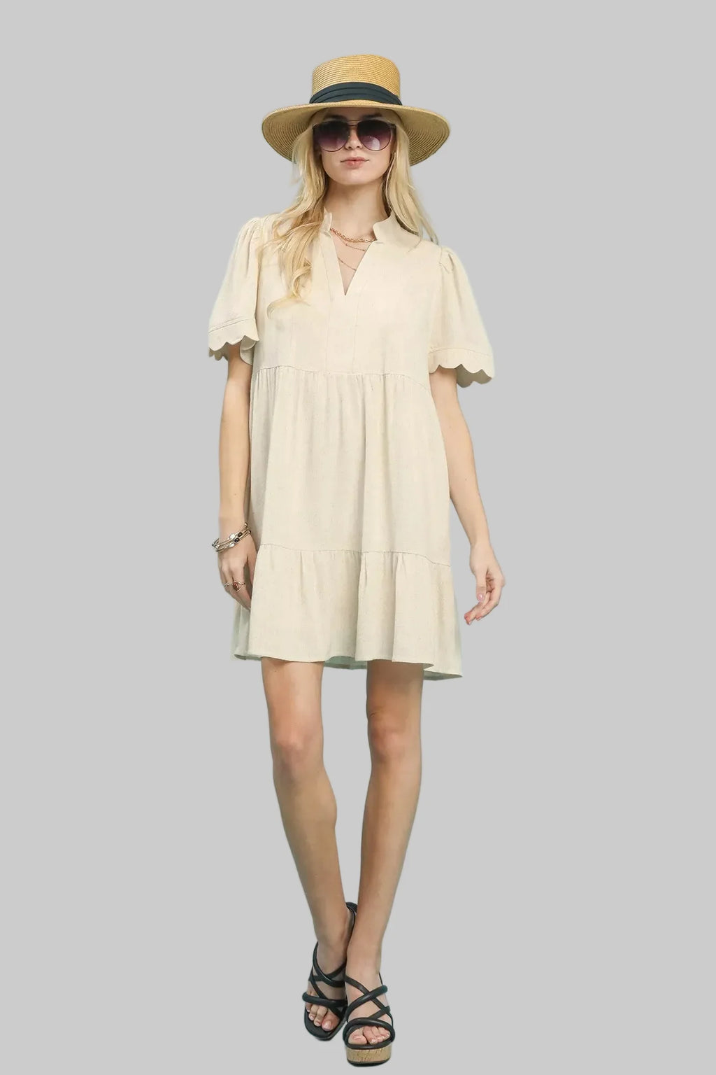 Beige Linen Tiered Babydoll Dress with Scalloped Sleeves