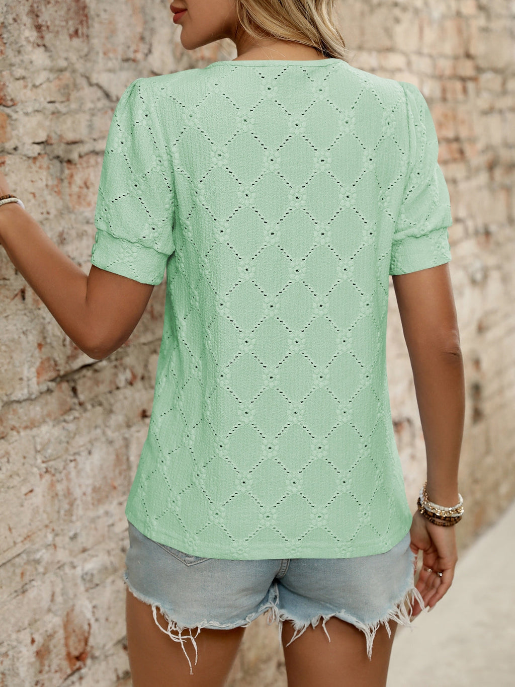 Eyelet Round Neck Short Sleeve Top
