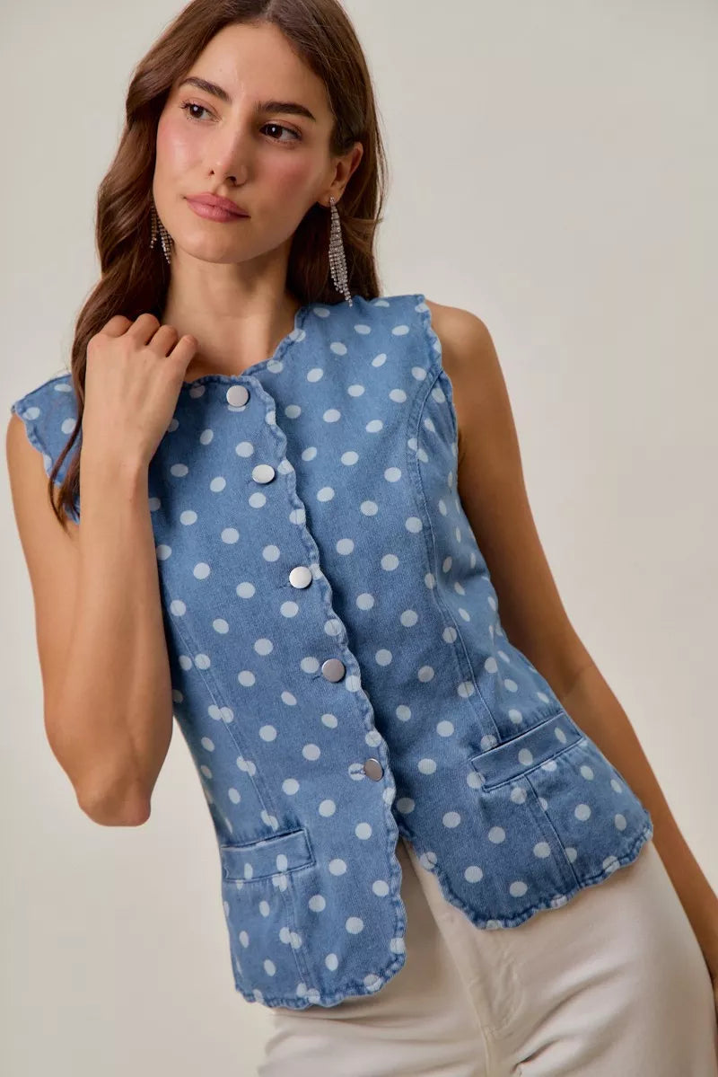 Polka Dot Blue Denim Scallop Edge Button Down Vest Top