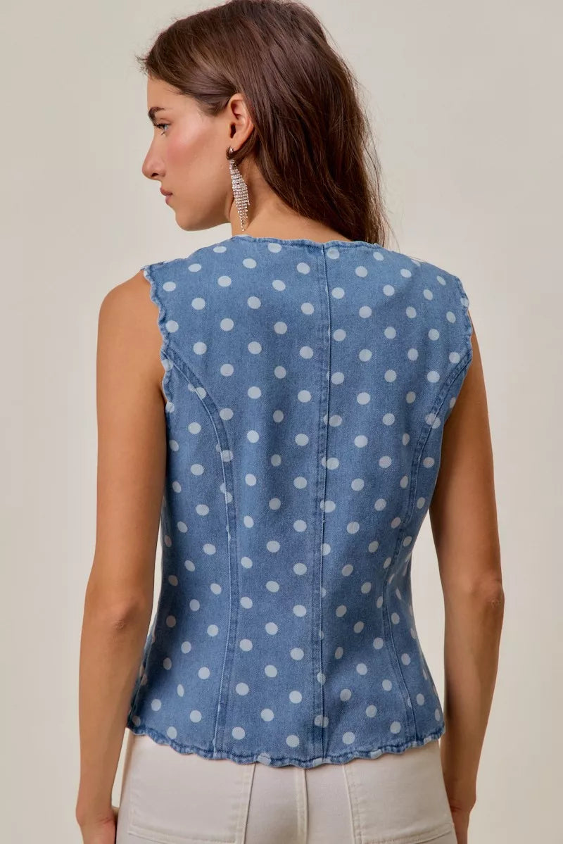 Polka Dot Blue Denim Scallop Edge Button Down Vest Top