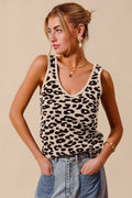 Leopard Knitted Lightweight V Neck Tank Top