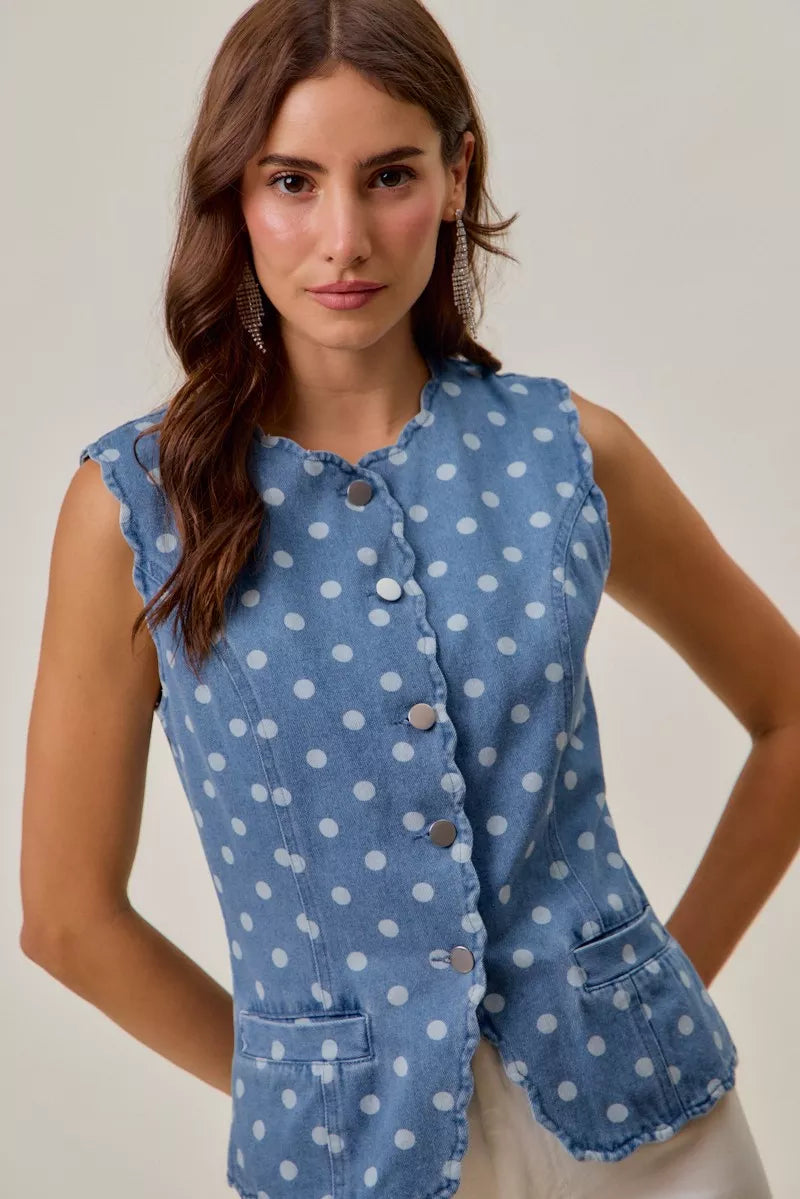 Polka Dot Blue Denim Scallop Edge Button Down Vest Top