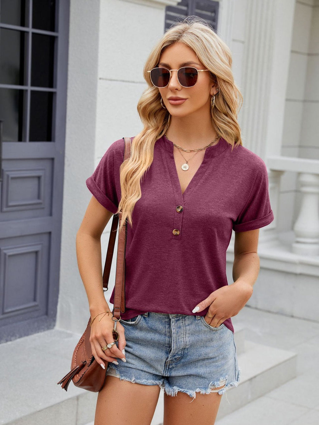 Florira Notched Short Sleeve T-Shirt