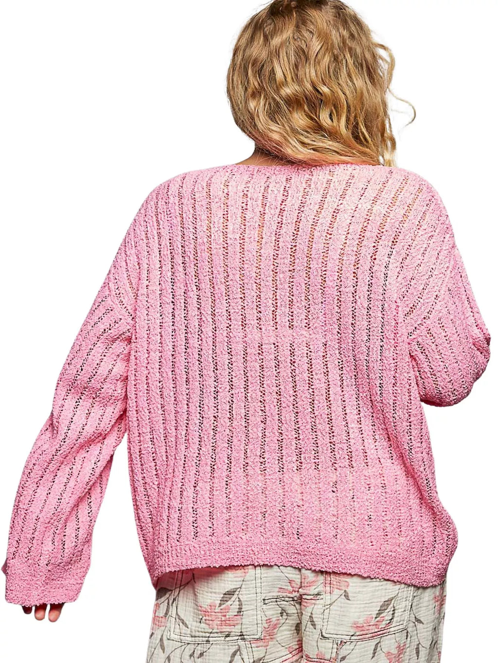 Pink Round Neck Long Sleeve Open Weave Coverup Sweater