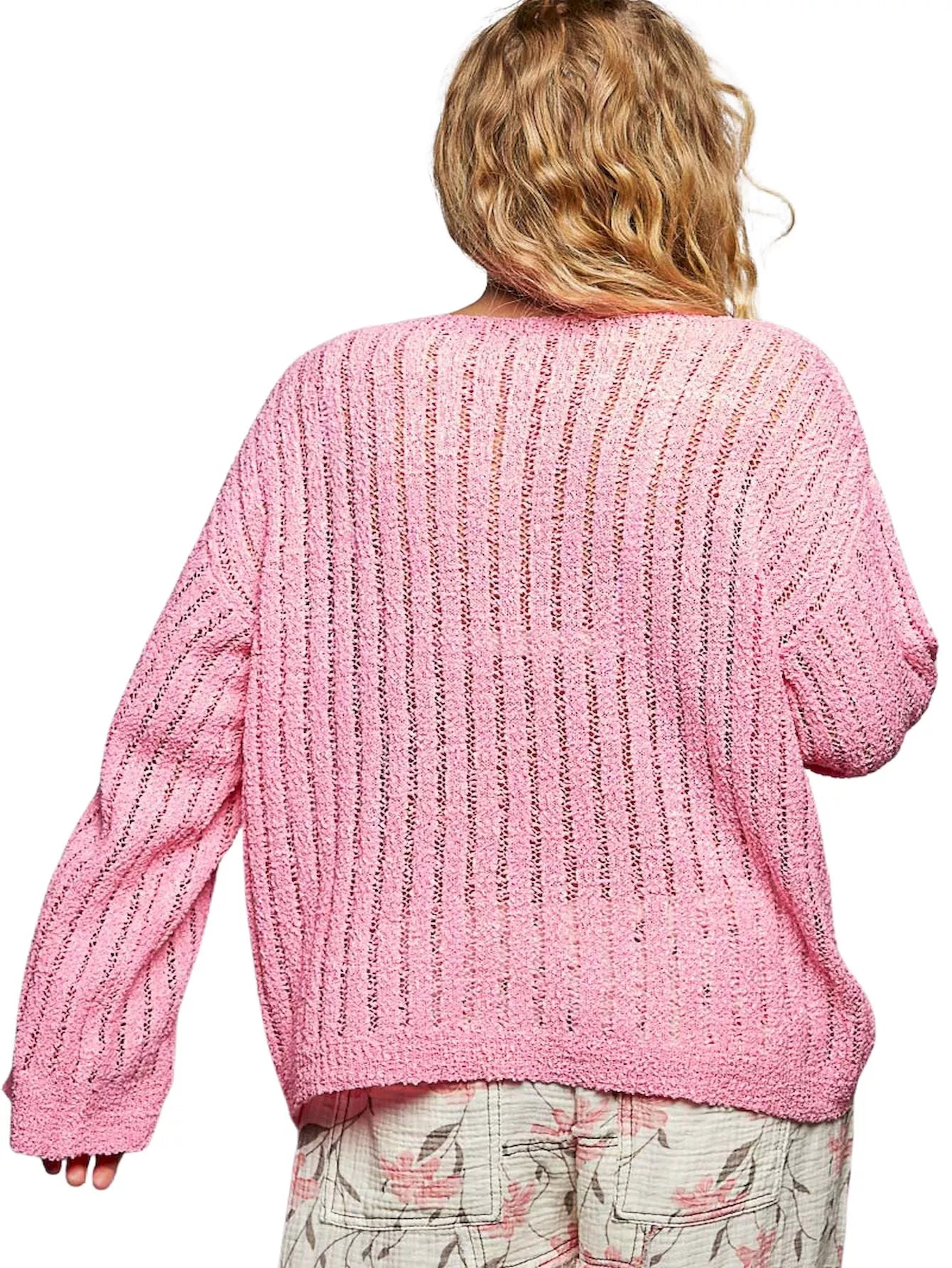 Pink Round Neck Long Sleeve Open Weave Coverup Sweater