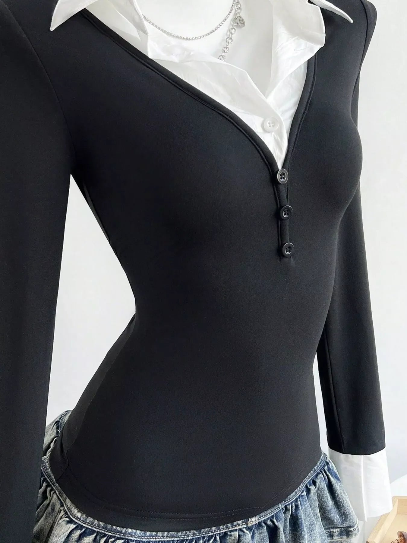 Long Sleeve Polo Collar Black Slim Fit Shirt